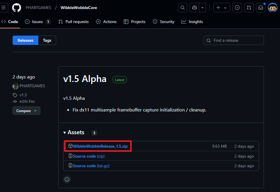 Screenshot of WibbleWobbleCore releases page