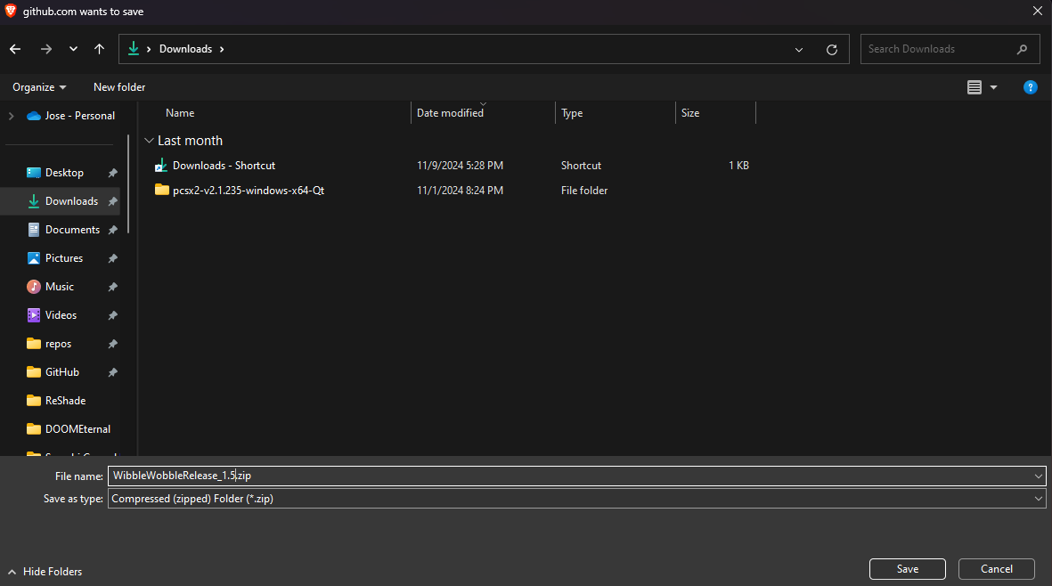 Screenshot of saving the WibbleWobbleCore file
