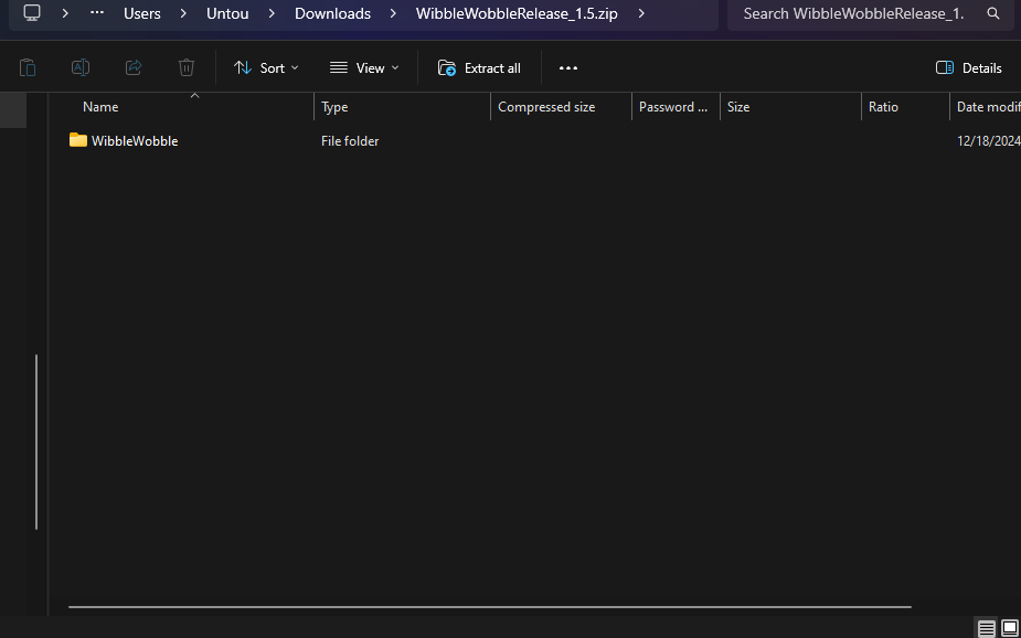Screenshot of extracting the WibbleWobble Folder
